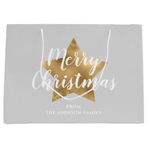 Elegant Grey Gold Star Merry Christmas Large Gift Bag