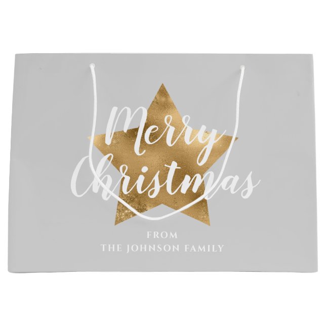 Elegant Grey Gold Star Merry Christmas Large Gift Bag (Front)