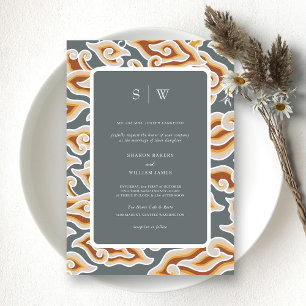 Elegant Grey & Gold Waves Monogram Wedding Invitation