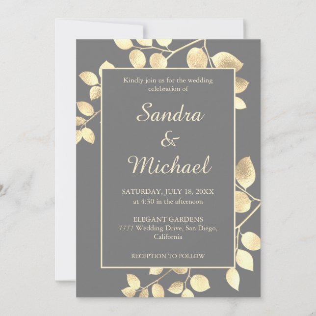 Elegant grey golden leaves wedding invitation (Front)