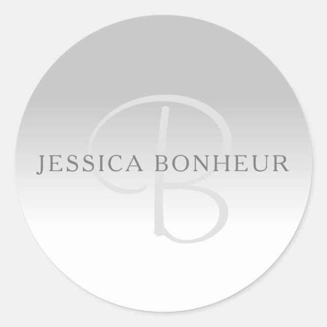 Elegant Grey Gradient Customisable Monogram Classic Round Sticker (Front)