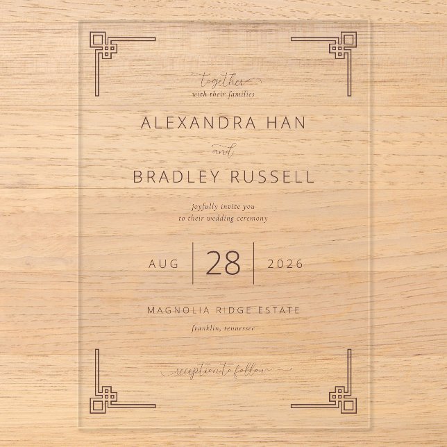 Elegant Grey Greek Key Wedding Invitations (Front)