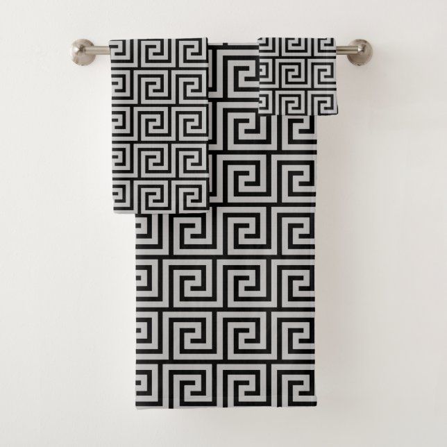 Elegant Grey Greek Pattern on Black Bath Towel Set (Insitu)