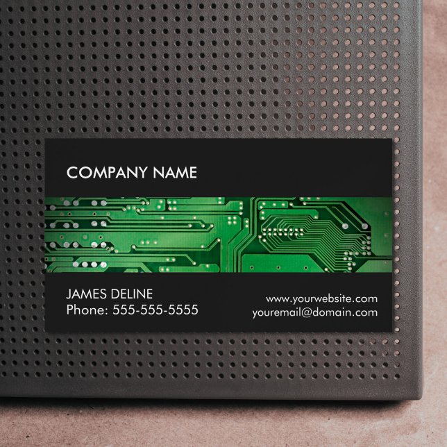 Elegant Grey Green Circuit Computer Repair Magnetic Business Card (Creator Uploaded)