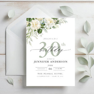 Elegant Grey Green Floral 30th Birthday Invitation