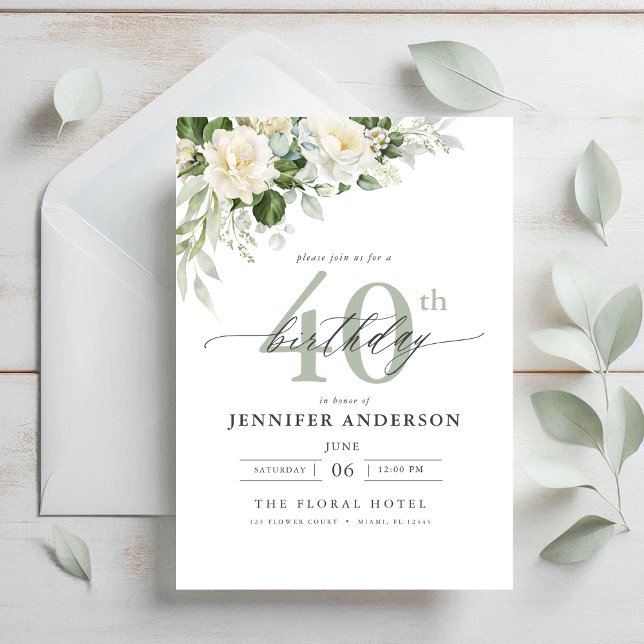 Elegant Grey Green Floral 40th Birthday Invitation (Creator Uploaded)