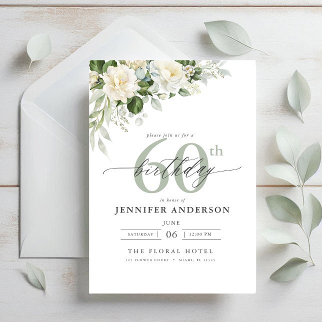 Elegant Grey Green Floral 60th Birthday Invitation (Creator Uploaded)