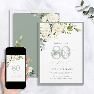 Elegant Grey Green Floral Surprise Birthday Invitation