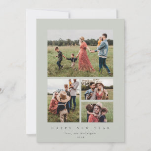 Elegant Grey-Green Frame 4 Photo Happy New Year Holiday Card