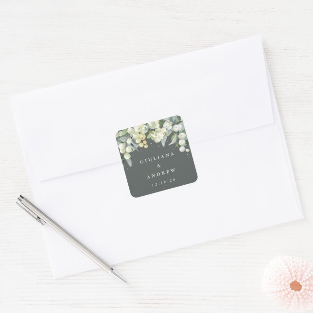 Elegant Grey Green Snowberry+Eucalyptus Wedding Square Sticker (Envelope)