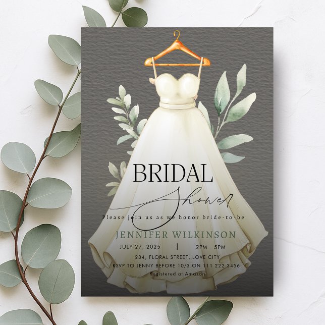 Elegant Grey Greenery Dress Gown Bridal Shower Invitation (Elegant Gray Greenery Dress Gown Bridal Shower Invitation)