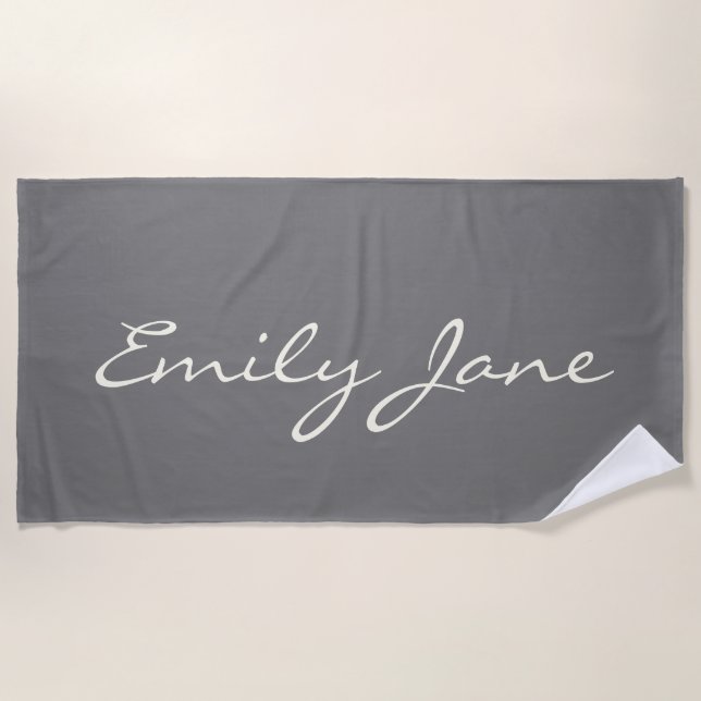Elegant Grey Handwritten Script Name Custom Beach Towel (Front)