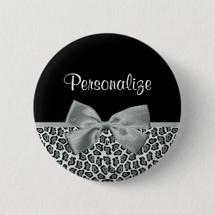 Elegant Grey Jaguar Print Pretty Name Silver Bow 6 Cm Round Badge