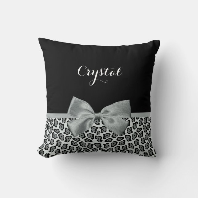Elegant Grey Jaguar Print Pretty Name Silver Bow Cushion (Front)