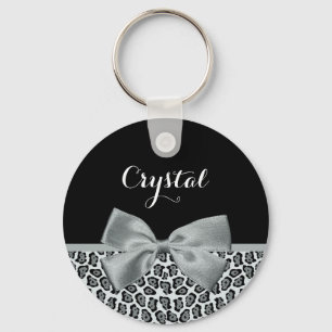 Elegant Grey Jaguar Print Pretty Name Silver Bow Key Ring