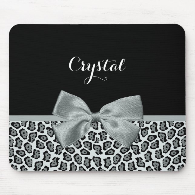 Elegant Grey Jaguar Print Pretty Name Silver Bow Mouse Mat (Front)