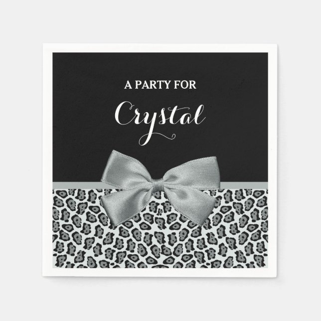 Elegant Grey Jaguar Print Pretty Name Silver Bow Napkin (Front)