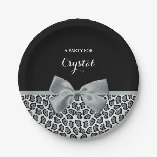 Elegant Grey Jaguar Print Pretty Name Silver Bow Paper Plate