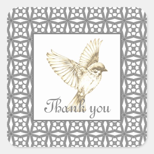 Elegant grey lace pattern with bird square sticker (Front)