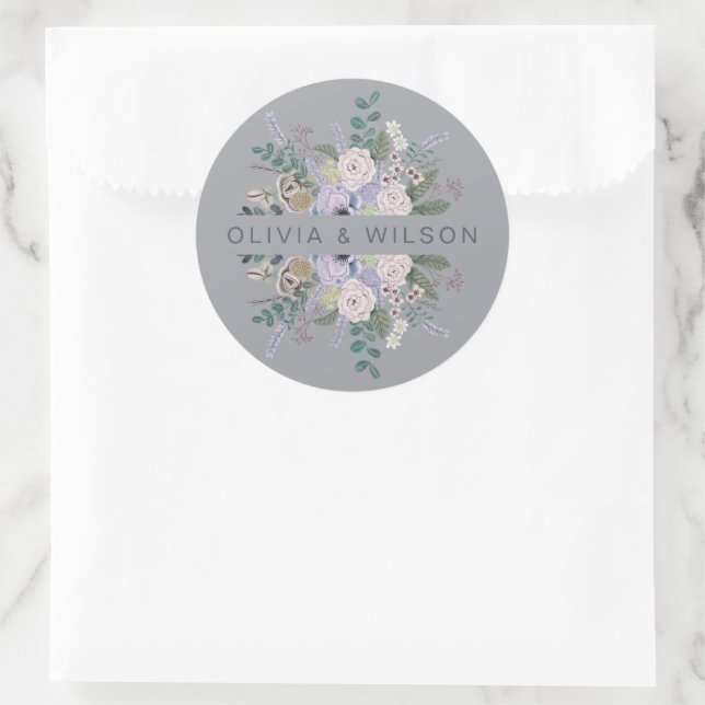 Elegant grey & lavender Botanical  Floral  Classic Round Sticker (Bag)