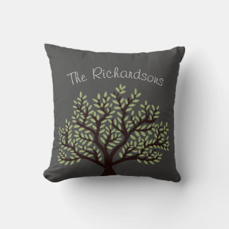 Elegant Grey & Leafy Green Tree Family Name Cushion