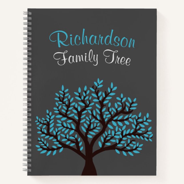 Elegant Grey Light Blue Leaf Family Tree Genealogy Notebook (Front)