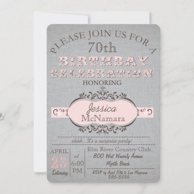 Elegant Grey Linen and Pink Birthday Invitation (Front)