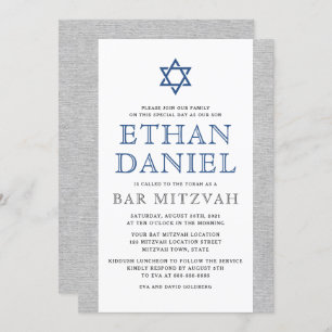 Elegant grey linen blue Star of David bar mitzvah Invitation