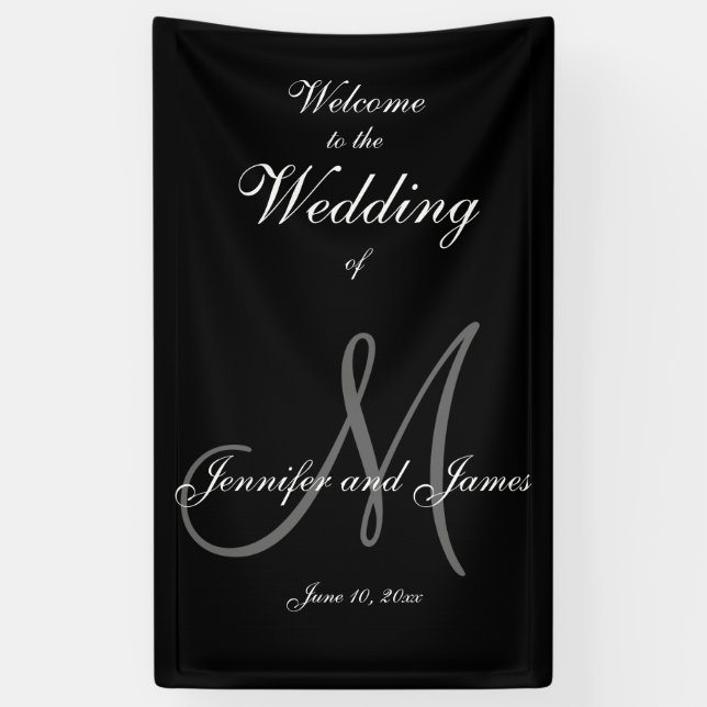 Elegant Grey M Initial and Names Wedding Banner (Vertical)