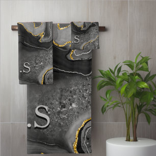 Elegant grey marble art faux gold glitter bath towel set