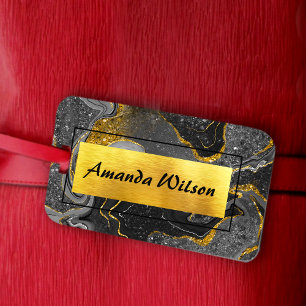Elegant grey marble art faux gold glitter luggage tag