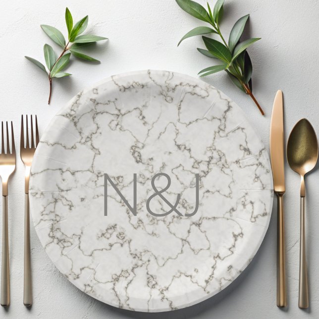 Elegant Grey Marble Modern Monogram Paper Plates (An elegant gray marble paper plate with space for your initials)
