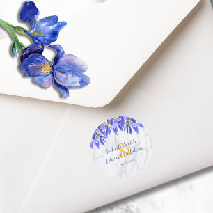 Elegant Grey Marble Watercolor Blue Floral Pattern Classic Round Sticker