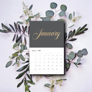 Elegant Grey Minimalist Gold Script Letters Calendar