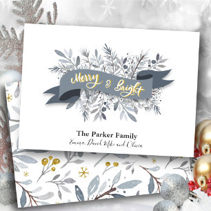 Elegant Grey Modern Script Watercolor Floral Holiday Card