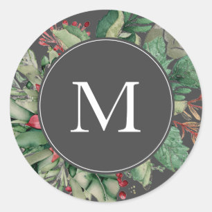 Elegant Grey Monogram Christmas Floral Greenery Classic Round Sticker