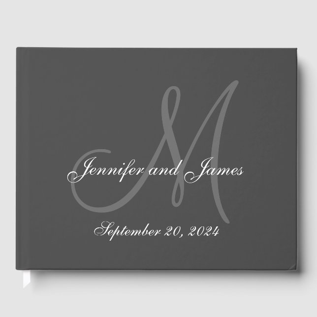 Elegant Grey Monogram Names Date Photo Wedding Guest Book (Front)