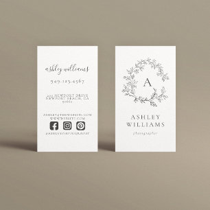 Elegant Grey Monogram Professional Floral Crest Business Card