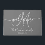 Elegant Grey Monogram Script Name Wedding Date Doormat<br><div class="desc">Personalised grey and white and grey monogram design with bride and groom last name and wedding date on a solid colour background. Makes a unique and great gift for newlyweds. Great for new house together. Customise with your name,  monogram initial and wedding date and colours. Elke Clarke©</div>