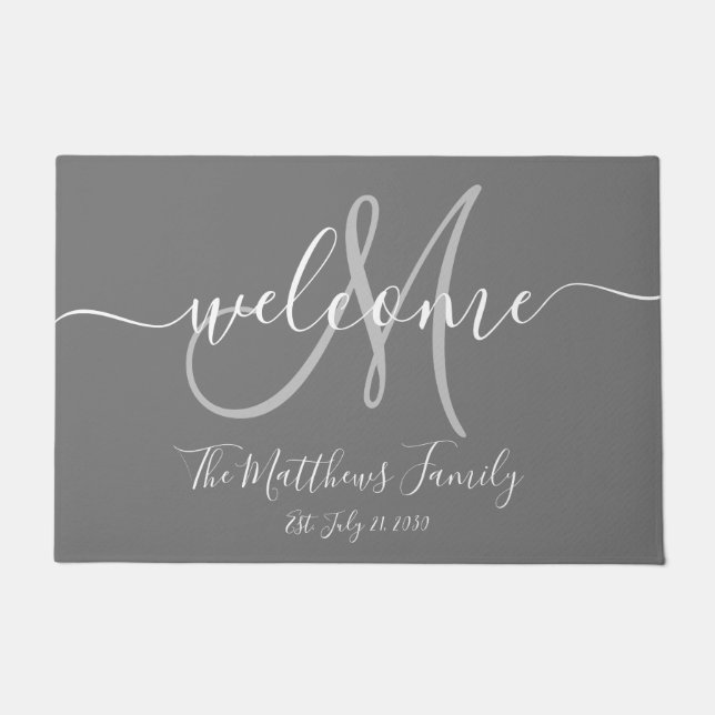 Elegant Grey Monogram Script Name Wedding Date Doormat (Front)