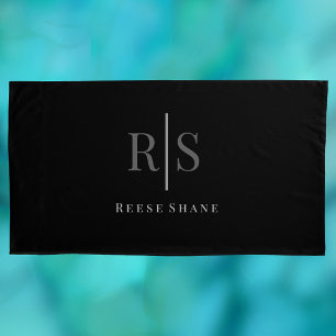 Elegant Grey Monogram & White Name, Black Pillowcase