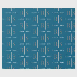 Elegant Grey Monogram & White Name, Blue Wrapping Paper