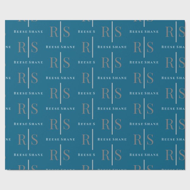 Elegant Grey Monogram & White Name, Blue Wrapping Paper (Seam)