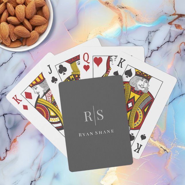 Elegant Grey Monogram & White Name, Dark Grey Playing Cards (Creator Uploaded)