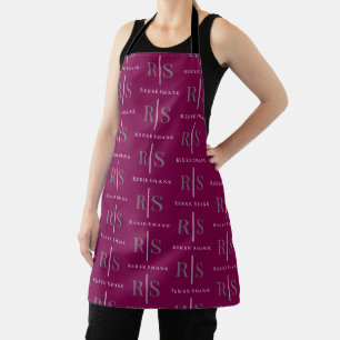 Elegant Grey Monogram & White Name, Maroon Apron