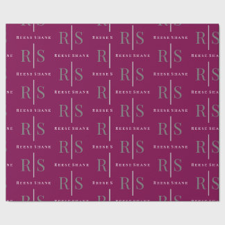 Elegant Grey Monogram & White Name, Maroon Wrapping Paper