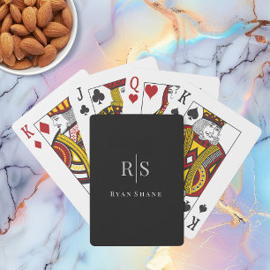 Elegant Grey Monogram & White Name on Black Playing Cards