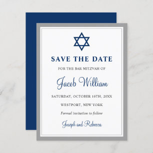Elegant Grey & Navy Blue Bar Mitzvah 4.25" x 5.5" Save The Date