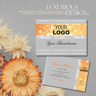 Elegant Grey Orange Glitter Logo Silver Border Business Card