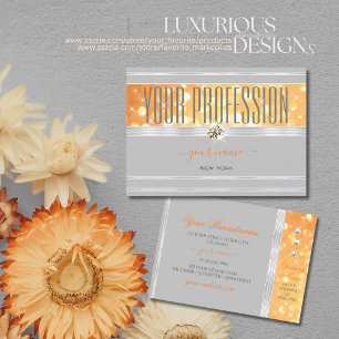 Elegant Grey Orange Glitter Silver Border Diamonds Business Card